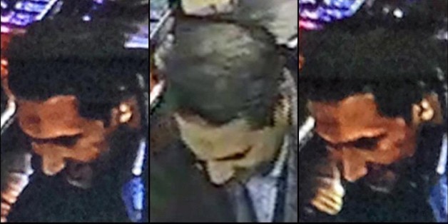 In this image provided by the Belgian Federal Police on Monday, March 21, 2016, a combo photograph shows Najim Laachraoui, who was previously identified in a false passport as Soufiane Kayal by Belgium Federal Police, during a money transfer on Nov. 17, 2015 in a Western Union bank in the Brussels region of Belgium. Federal police state that Najim Laachraoui was also seen on Sept. 9 , 2015 at the Hungarian-Austrian border with Samir Bouzid and fugitive Salah Abdeslam, one of the suspects of the