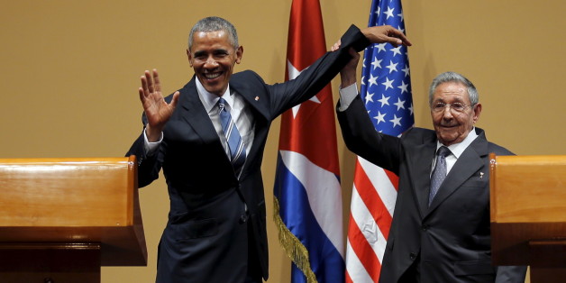 U.S. President Barack Obama and Cuban President Raul Castro gesture after a news conference as part of Obama's three-day visit to Cuba, in Havana March 21, 2016. REUTERS/Carlos Barria TPX IMAGES OF THE DAY