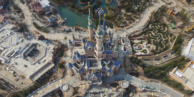 SHANGHAI, CHINA - MARCH 27: (CHINA OUT) Aerial view of the Shanghai Disneyland Park under construction on March 27, 2016 in Shanghai, China. Shanghai Disneyland Park sold ticket from Monday and would open on June 16. (Photo by VCG/VCG via Getty Images)