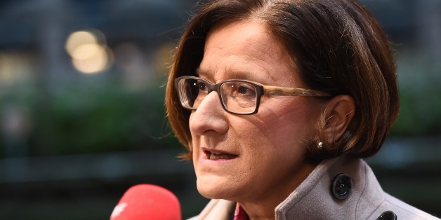 Austria's Interior Minister Johanna Mikl-Leitner speaks to journalists as she arrives for a Justice and Home Affairs Council at the European Council in Brussels on December 4, 2015. / AFP / EMMANUEL DUNAND (Photo credit should read EMMANUEL DUNAND/AFP/Getty Images)