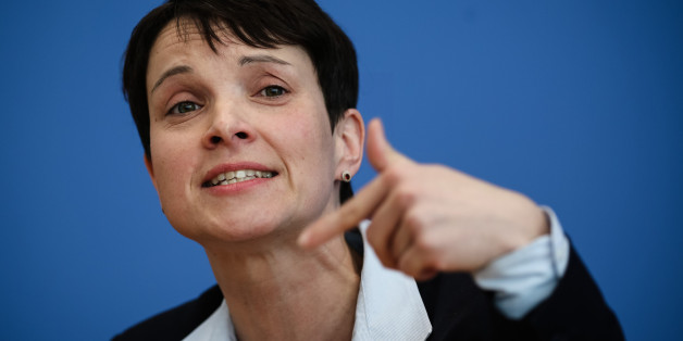 BERLIN, March 14, 2016 -- Frauke Petry, head of Germany's anti-migration party, the Alternative for Germany, attends a press conference with other leaders of the party in Berlin, on March 14, 2016. Eligible German voters cast their ballots on Sunday in the southwestern states of Baden-Wuerttemberg and Rhineland-Palatinate as well as eastern Saxony-Anhalt to elect three new regional parliaments. The AfD recorded remarkable gains in the elections and was able to break into all three state parliame