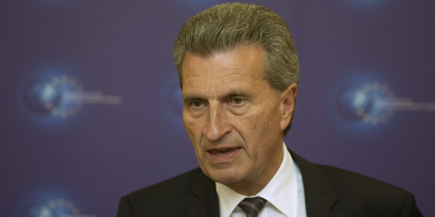 European Commissioner for Energy Gunther Oettinger attends a news conference in Minsk August 26, 2014. REUTERS/Vasily Fedosenko (BELARUS - Tags: POLITICS)