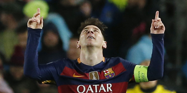 Football Soccer - FC Barcelona v Arsenal - UEFA Champions League Round of 16 Second Leg - The Nou Camp, Barcelona, Spain - 16/3/16Lionel Messi celebrates scoring the third goal for BarcelonaReuters / Albert GeaLivepicEDITORIAL USE ONLY.