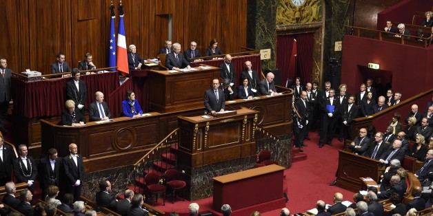 French President Francois Hollande delivers a speech at the Versailles castle, west of Paris, Monday, Nov.16, 2015. French President Francois Hollande is addressing parliament about France's response to the Paris attacks, in a rare speech to lawmakers gathered in the majestic congress room of the Palace of Versailles. (Eric Feferberg, Pool via AP)