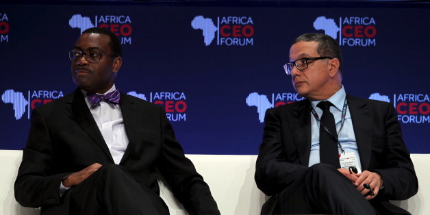Le président de la BAD Akinwumi Adesina et le ministre de l'Economie Mohamed Boussaid au Africa CEO Forum, le 22 mars 2015 à Abidjan