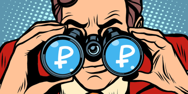 Monitoring ruble currency exchange rate pop art retro style. A man looks through binoculars. The trader on the exchange