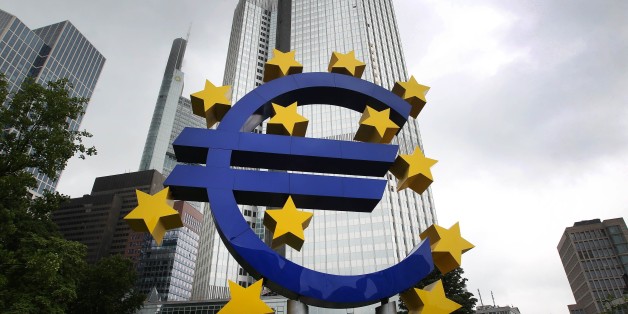 German artist Ottmar Hörl 's sculpture depicting the Euro logo is pictured in front of the former headquarter of the European Central Bank (ECB) in Frankfurt am Main, western Germany, on July 20, 2015 as Greece has begun making a 4.2 billion euro ($4.6 billion) payment due to the ECB as well as outstanding sums due to the International Monetary Fund (IMF) according to a ministerial source. The transfer was made possible by a short-term 'bridge' loan of 7.16 billion euros granted by the European Union on July 17, 2015.
AFP PHOTO / DANIEL ROLAND / AFP / Daniel ROLAND (Photo credit should read DANIEL ROLAND/AFP/Getty Images)
