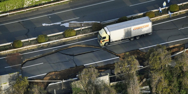 Kyushu Expressway, damaged by an earthquake is seen in Mashiki town, Kumamoto prefecture, southern Japan, in this photo taken by Kyodo April 15, 2016. Mandatory credit REUTERS/Kyodo ATTENTION EDITORS - FOR EDITORIAL USE ONLY. NOT FOR SALE FOR MARKETING OR ADVERTISING CAMPAIGNS. THIS IMAGE HAS BEEN SUPPLIED BY A THIRD PARTY. IT IS DISTRIBUTED, EXACTLY AS RECEIVED BY REUTERS, AS A SERVICE TO CLIENTS. MANDATORY CREDIT. JAPAN OUT. NO COMMERCIAL OR EDITORIAL SALES IN JAPAN.