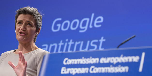 European Union's competition chief Margrethe Vestager speaks during a media conference regarding Google at EU headquarters in Brussels on Wednesday, April 15, 2015. The European Union's executive hit Google with an official antitrust complaint on Wednesday that alleges the company abuses its dominance in Internet searches and also opened a probe into its Android mobile system. (AP Photo/Virginia Mayo)