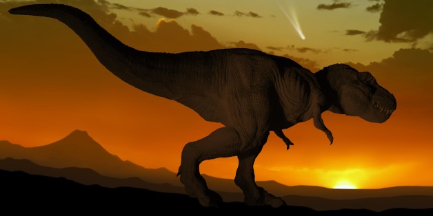 Artwork of a tyrannosaurus seen against a setting or rising sun. Tyrannosaurus was one of the very last dinosaurs, wiped out 65 million years ago during the extinction event that ended the Cretaceous period. Scientists believe that the incident was provoked by the impact of an asteroid or comet with the Earth off the coast of what is now Mexico. In this image, a comet is seen in the sky - perhaps the very comet that will one day spell doom for the dinosaurs.