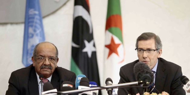 Special Representative of the Secretary-General for Libya and Head of United Nations Support Mission in Libya (UNSMIL), Bernardino Leon (R), speaks as Algeria's Minister of African and Maghreb Affairs, Abdelkader Messahel, listens as they head talks with Libyan political leaders and rivals in Algiers, March 10, 2015. Western leaders are backing the U.N. talks as the only way to end the turmoil in Libya, where two rival governments and armed factions are battling for control and Islamist militan