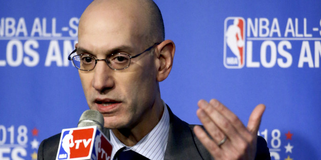 FILE - In this March 22, 2016 file photo, NBA Commissioner Adam Silver gestures during a news conference in Los Angeles. The NBA will begin selling jersey sponsorships in 2017-18, becoming the first major North American sport to put partners' logos on players' uniforms. Commissioner Adam Silver had said this step was inevitable as an additional revenue generator. (AP Photo/Chris Carlson, File)