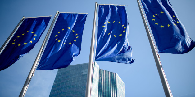 FRANKFURT AM MAIN, GERMANY - APRIL 21: The stars of the European Union (EU) on banners in front of the headquarters of the European Central Bank (ECB) pictured on April 21, 2016 in Frankfurt am Main, Germany. (Photo by Thomas Lohnes/Getty Images)