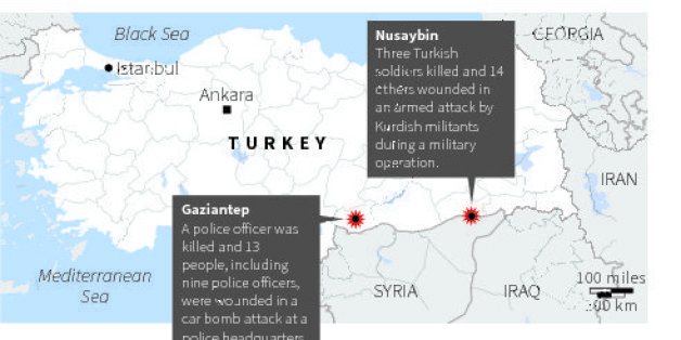 Map locating two cities in Turkey where attacks occurred on Sunday.