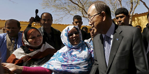 U.N. Secretary General Ban Ki-moon (L) listens to a member of the Sahrawi women's national union after his press conference at the Sahrawi Arab Democratic Republic presidential palace in Tindouf southern Algeria March 5, 2016. REUTERS/Zohra Bensemra