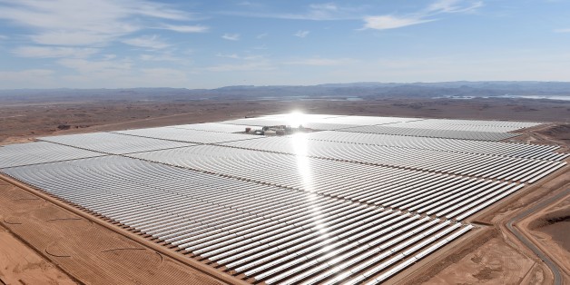 A picture taken on February 4, 2016 shows an aerial view of the solar mirrors at the Noor 1 Concentrated Solar Power (CSP) plant, some 20km (12.5 miles) outside the central Moroccan town of Ouarzazate, ahead of its inauguration. / AFP / FADEL SENNA (Photo credit should read FADEL SENNA/AFP/Getty Images)