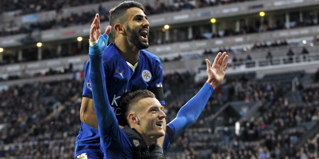 Jamie Vardy celebrates with Riyad Mahrez after scoring the first goal for Leicester City during their English Premier League soccer match against Newcastle United at St James' Park in Newcastle, Britain, in this November 21, 2015 file photo. To match Feature SOCCER-ENGLAND/LEI-WORLD REUTERS/Craig Brough/Files FOR EDITORIAL USE ONLY. NOT FOR SALE FOR MARKETING OR ADVERTISING CAMPAIGNS. NO USE WITH UNAUTHORIZED AUDIO, VIDEO, DATA, FIXTURE LISTS, CLUB/LEAGUE LOGOS OR "LIVE" SERVICES. ONLINE IN-M
