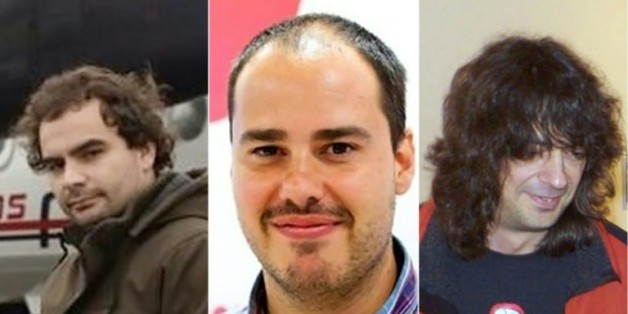 Photos-montage réalisé le 7 mai 2016 montrant les trois journalistes espagnols de gauche à droite Angel Sastre, Antonio Pampliega et Jose Manuel Lopez séquestrés près de dix mois en Syrie