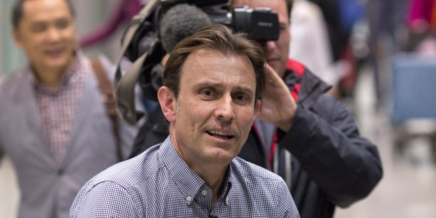 BBC's journalist Rupert Wingfield-Hayes arrives at the airport in Beijing, China, Monday, May 9, 2016. North Korea on Monday expelled the BBC journalist it had detained days earlier for allegedly "insulting the dignity" of the authoritarian country, while it continued to keep other foreign media away from the first-in-decades ruling party congress they had been invited to attend. (AP Photo/Ng Han Guan)