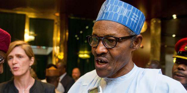 Nigeria's President Muhammadu Buhari, center right, accompanied by U.S. Ambassador to the United Nations Samantha Power, center left, speaks to members of the media after their meeting at the Presidential Villa in Abuja, Nigeria, Thursday, April 21, 2016. Power is traveling to Cameroon, Chad, and Nigeria to highlight the growing threat Boko Haram poses to the Lake Chad Basin region. (AP Photo/Andrew Harnik)