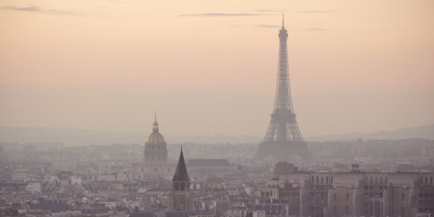 View of the Eiffel Tower and city of Paris during dusk.