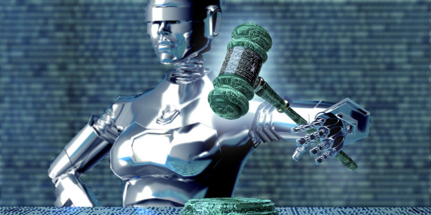 legal computer judge concept, robot with gavel,3D illustration.
