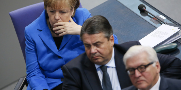 Die Bundeskanzlerin Angela Merkel, Außenminister Frank-Walter Steinmeier und Wirtschaftsminister Sigmar Gabriel