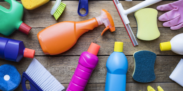 House cleaning product on wood table