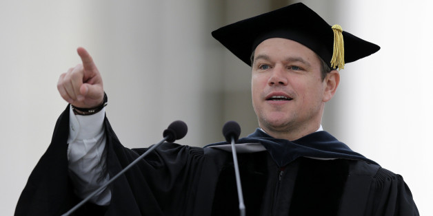 Actor Matt Damon gestures during his address at the Massachusetts Institute of Technology's commencement in Cambridge, Mass., Friday, June 3, 2016. Damon won an Academy Award for co-writing the 1997 film "Good Will Hunting", where he portrayed a mathematically gifted MIT janitor. (AP Photo/Charles Krupa)