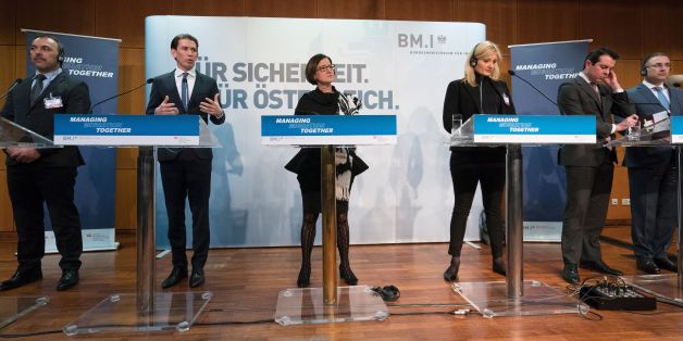(L-R) Croatia's Interior Minister Vlaho Orepic, Austria's Foreign Minister Sebastian Kurz, Austria's Interior Minister Johanna Mikl-Leitner, Slovenia's Interior Minister Vesna Gyorkos Znidar, Macedonia's Foreign Minister Nikola Poposki and Serbia's Interior Minister Nebosja Stefanovic attend a news conference during a meeting titled 'Managing Migration together' of Foreign and Interior Minister of the Balkan countries in Vienna, Austria on February 24,2016.
Ministers from Austria and Western Balkan countries met in Vienna to coordinate their increasingly restrictive immigration policies in the face of criticism from Brussels and Athens. Interior and foreign ministers were set to gather in the Austrian capital to discuss issues such as border management and fighting people-smugglers, as well as improving information about their policies in countries of origin. / AFP / JOE KLAMAR (Photo credit should read JOE KLAMAR/AFP/Getty Images)