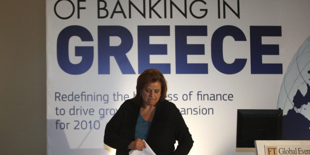Louka Katseli, Greece's economy minister, leaves the podium after speaking at the 'Future of Banking' conference in Athens, Greece, on Thursday, Jan. 21, 2010. Greece won't need a rescue package to tame the European Union's biggest budget deficit, George Papaconstantinou, Greece's finance minister, said as the risk premium on holding Greek government debt rose to the highest since the launch of the euro. Photographer: Kostas Tsironis/Bloomberg via Getty Images