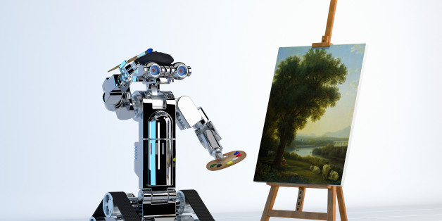 Robot artist painting fine art at easel