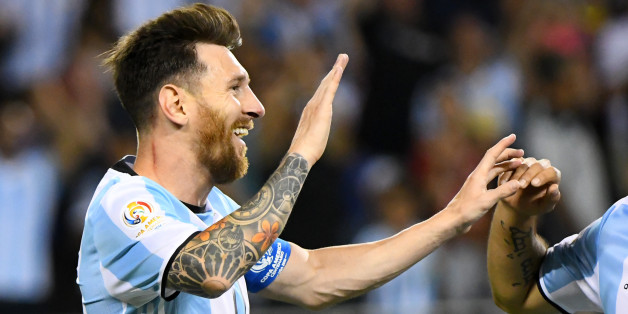Jun 10, 2016; Chicago, IL, USA; Argentina midfielder Lionel Messi (10) reacts after three goals against Panama in the second half during the group play stage of the 2016 Copa America Centenario at Soldier Field. Argentina defeats Panama 5-0. Mandatory Credit: Mike DiNovo-USA TODAY Sports