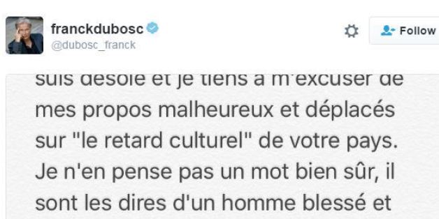 Le tweet d'excuses posté par Franck Dubosc