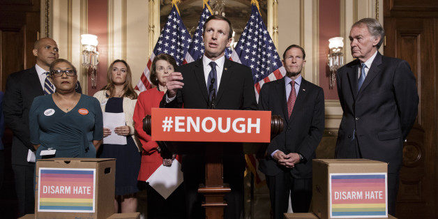 Sen. Chris Murphy, D-Conn., center, and other Democratic senators call for gun control legislation in the wake of the mass shooting in an Orlando LGBT nightclub this week, at the Capitol in Washington, Thursday, June 16, 2016. He is joined by, from left, Sen. Cory Booker, D-N.J., Rev. Sharon Risher, a clinical trauma chaplain in Dallas who lost her mother Ethel Lance in the racially-motivated shooting at the historic Emanuel AME Church in Charleston, N.C., in 2015, Tina Meins, whose father Damia