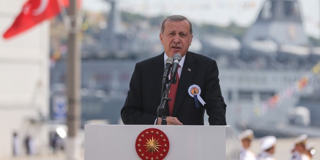 ISTANBUL, TURKEY - JUNE 18: Turkish President Recep Tayyip Erdogan delivers a speech during a ceremony, held for launching of Burgazada Corvette and first weld of Kinaliada Corvette Ceremony at Pendik Naval Shipyard in Istanbul, Turkey on June 18, 2016. (Photo by Salih Zeki Fazlioglu/Anadolu Agency/Getty Images)