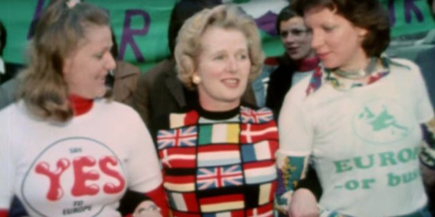 Margaret Thatcher avec son pull pro Europe