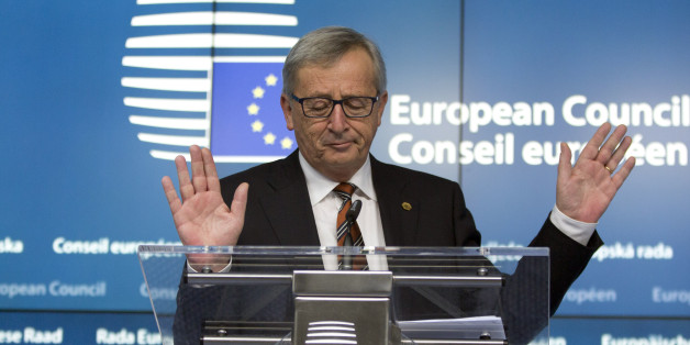 European Commission President Jean-Claude Juncker speaks during a media conference at an EU summit in Brussels on Friday, March 20, 2015. EU leaders on Friday are looking to back U.N.-brokered efforts to form a national unity government in conflict-torn Libya that may include a possible mission to help provide security. (AP Photo/Virginia Mayo)