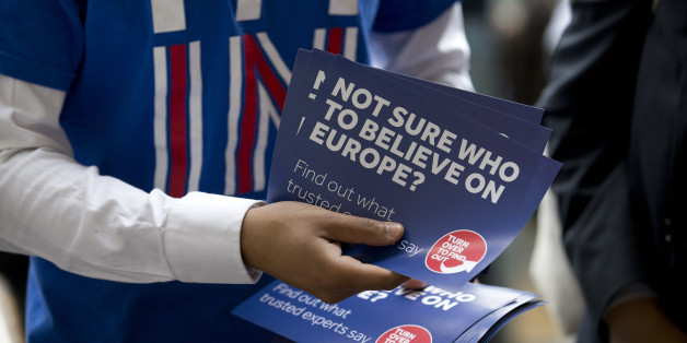 A campaigner hands out leaflets for 'Britain Stronger in Europe', the official 'Remain' campaign group seeking to avoid a Brexit outside Waterloo station, ahead of the forthcoming EU referendum in London on June 20, 2016. AFP PHOTO/JUSTIN TALLIS / AFP / JUSTIN TALLIS (Photo credit should read JUSTIN TALLIS/AFP/Getty Images)