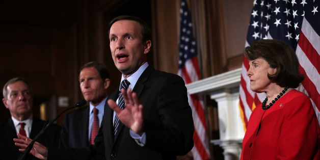 WASHINGTON, DC - JUNE 20: U.S. Sen. Christopher Murphy (D-CT) speaks as Sen. Dianne Feinstein (D-CA) (R), Minority Whip Richard Durbin (D-IL) (L) and Sen. Richard Blumenthal (D-CT) (2nd L) participate in a news conference on gun control at the Capitol June 20, 2016 in Washington, DC. The Senate failed to pass four competing amendments on gun control just a week after the nation's worst mass shooting in modern history at a gay nighclub in Orlando, Florida. (Photo by Alex Wong/Getty Images)