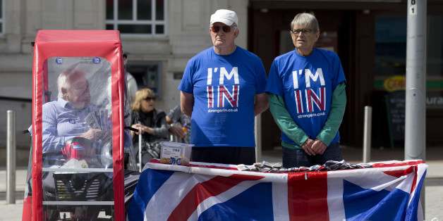 Campaigners for 'Britain Stronger in Europe', the official 'Remain' campaign group stand by their stand in Clacton-on-Sea as UK Independence Party (UKIP) leader Nigel Farage visits on June 21, 2016.Britain goes to the polls in two days to vote on whether to remain or leave the EU with the result too close to call. / AFP / JUSTIN TALLIS (Photo credit should read JUSTIN TALLIS/AFP/Getty Images)