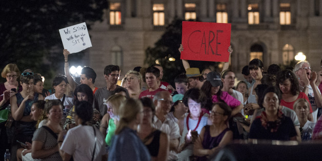 WASHINGTON, DC - JUNE 22: Supporters of House Democrats taking part in a sit-in on the House Chamber shout encouragement from outside the U.S. Capitol on June 22, 2016 in Washington, DC. Led by civil rights icon Rep. John Lewis (D-GA) Democrats, have maintained control of the House chamber since this morning demanding a vote on gun control legislation. (Photo by Pete Marovich/Getty Images)