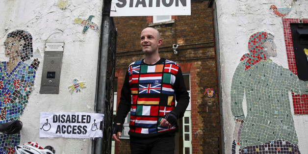 A man wearing a European themed cycling jersey leaves after voting at a polling station for the Referendum on the European Union in north London, Britain, June 23, 2016. REUTERS/Neil Hall TPX IMAGES OF THE DAY