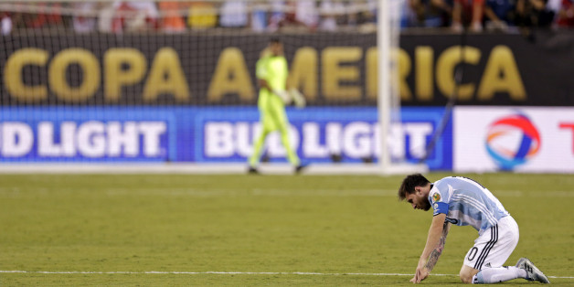 Jun 26, 2016; East Rutherford, NJ, USA; Argentina midfielder Lionel Messi (10) reacts during a shoot out against Chile in the championship match of the 2016 Copa America Centenario soccer tournament at MetLife Stadium. Mandatory Credit: Adam Hunger-USA TODAY Sports