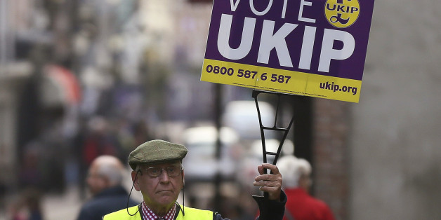 United Kingdom Independence Party (UKIP) supporter Graham Harper walks his dog Roque as he canvasses for votes in Rochester, south east England, November 18, 2014. UKIP is poised to win its second parliamentary seat on November 20, taking votes from Britain's Prime Minister David Cameron's Conservatives six months before a national election. Once dismissed by Cameron as "closet racists", UKIP has poached two of his lawmakers in recent months and won its first seat in Britain's parliament in Octo