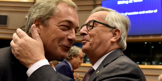 European Commission President Jean-Claude Juncker welcomes Nigel Farage, the leader of the United Kingdom Independence Party, prior to a plenary session at the European Parliament on the outcome of the "Brexit" in Brussels, Belgium, June 28, 2016. REUTERS/Eric Vidal
