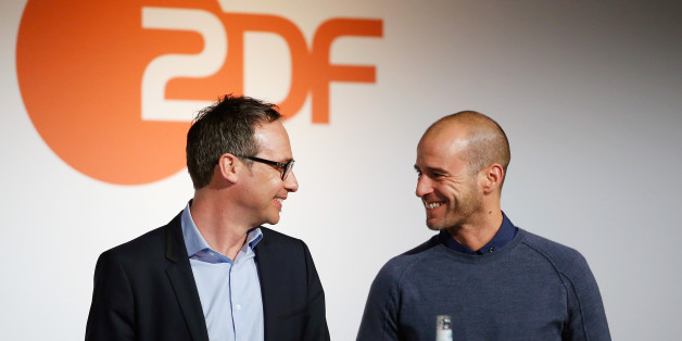 BERLIN, BERLIN - APRIL 11: ARD moderator Matthias Opdenhoevel (L) and football expert Mehmet Scholl attend the ZDF UEFA Euro 2016 press conference at Radialsystem on April 11, 2016 in Berlin, Germany. (Photo by Boris Streubel/Bongarts/Getty Images)