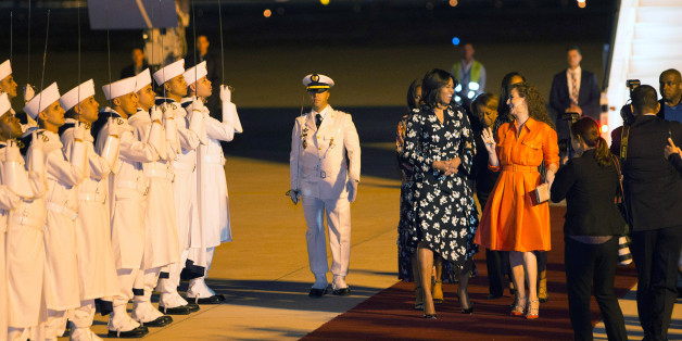 U.S. first lady Michelle Obama is welcomed by Princess Lalla Salma (centre, R) of Morocco as she arrives at the Marrakech International airport early June 28, 2016. REUTERS/Youssef Boudlal