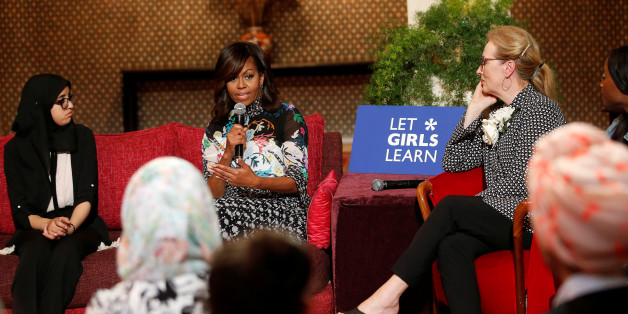 U.S first lady Michelle Obama and actress Meryl Streep (R) speaks during a conversation with Moroccan adolescent girls moderated by CNNÃs Isha Sesay following the "Let Girls Learn" program in Morocco, June 28, 2016. REUTERS/Youssef Boudlal