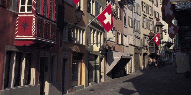 Swiss flags on building exteriors